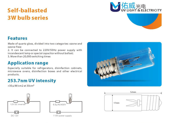 UVC Glühlampen des Ballastes 2w 3w Selbsttöten Bakterien für refrigeraters